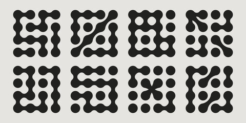 Metaball geometric pattern set of abstract rounded shapes - black minimalist squares with flowing organic connections and circular elements. Modern design compositions for digital backgrounds.