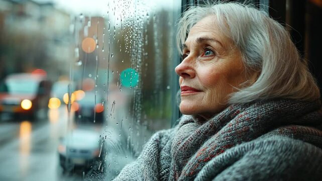 An elderly woman is seated by a wide window and looks out over a wet street.