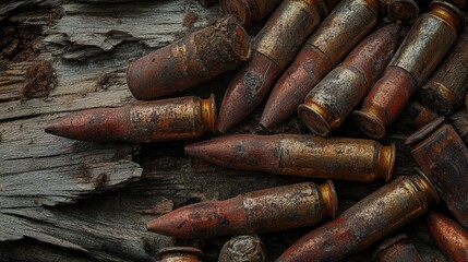 A collection of rusty ammunition and weathered wood with a grunge-style background, reflecting the remnants of war and history in a raw, atmospheric manner -