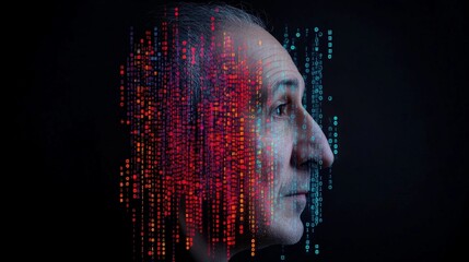 Profile of a Man Merging with Digital Data in Abstract Composition