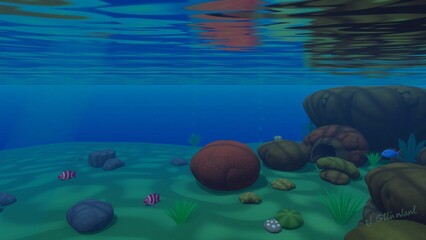 Serene Underwater Scene Cartoon-Style Ocean Floor with Rocks, Fish, and Plants