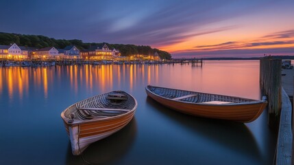 Obraz premium Serene Sunset Over Calm Waters with Boats and Distant Lights