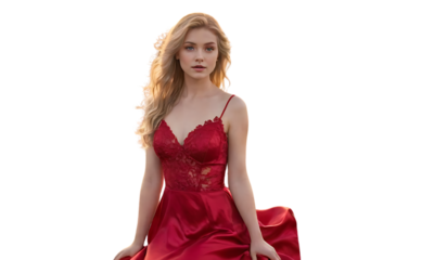 Woman in a red dress is sitting on a white background. On transparent background. Png