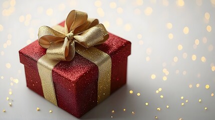 Obraz premium Glowing Red and Gold Holiday Gift Box with Oversized Ribbon on Pristine White Background