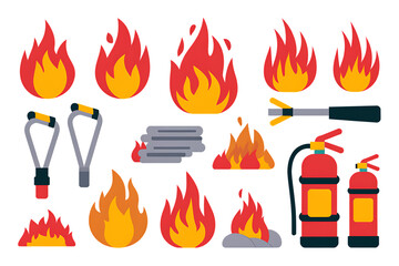 Collection of firefighting tools and equipment. On transparent background. Png