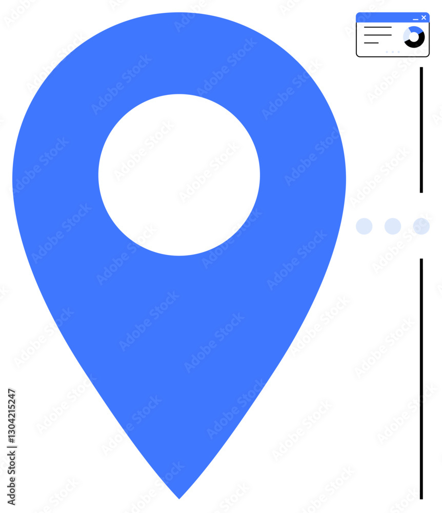 Poster giant blue location pin beside minimalist user interface boxes and dots indicating streamlined data 