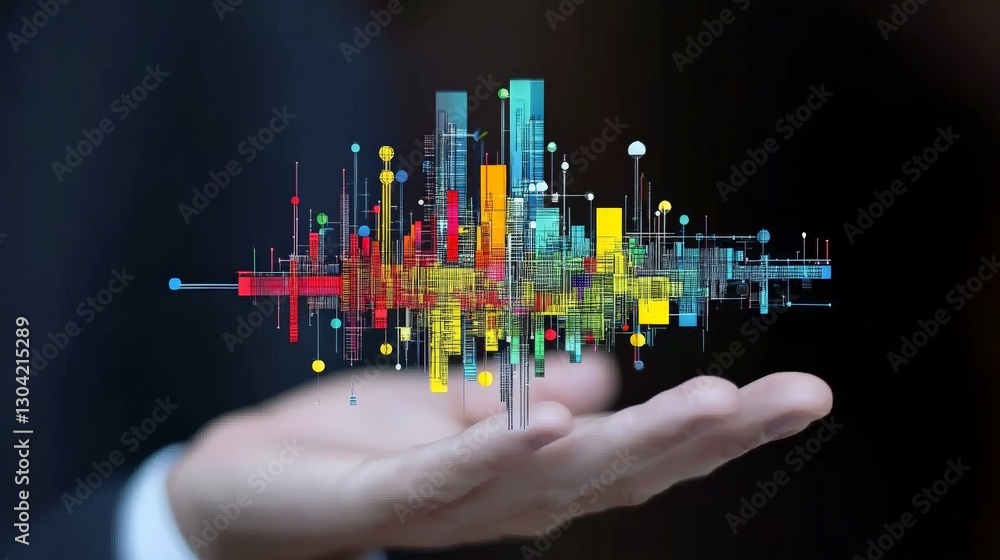 Poster colorful sound waves and data visualization in a business setting