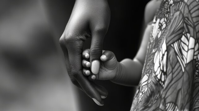 Tender connection: female hand holding child's hand in black and white