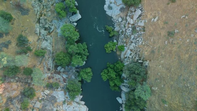 Above View Of Kern River Valley In The Southern Sierra Mountains Near Kernville, California USA. Aerial Topdown Shot