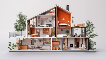 A creative cross-section of a dollhouse-style house, displaying the inner structure and design of each room, offering a playful yet informative architectural view