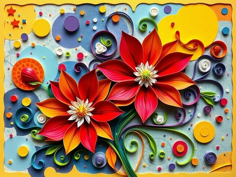 Generative A.I. crafts a vibrant floral masterpiece with intricate paper-like textures, bold colors, and swirling patterns, creating a mesmerizing fusion of art, nature, and creativity