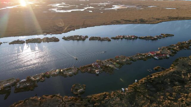 Floating Islands Uros Peru Lake Titicaca drone aerial man-made nature
