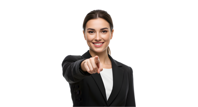 Smiling woman pointing at the viewer transparent background, PNG, perfect for business presentations, marketing materials, social media posts, and website headers.