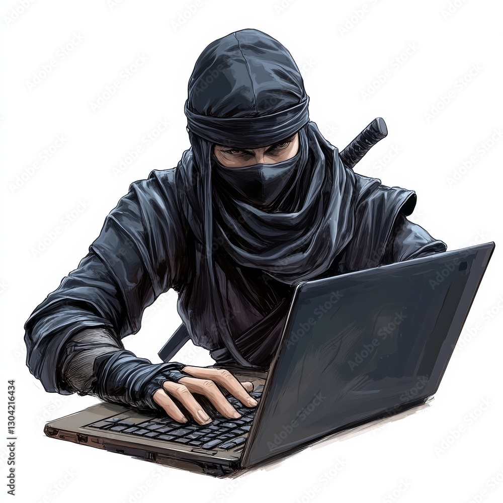 Aufkleber ninja hacker: a stealthy warrior uses modern tech to infiltrate digital realms. he's skilled with bo
