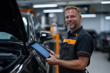 Car mechanic using digital tablet while performing diagnostics in auto repair shop