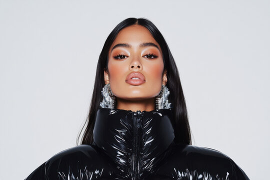 Fashion model posing in stylish black winter jacket