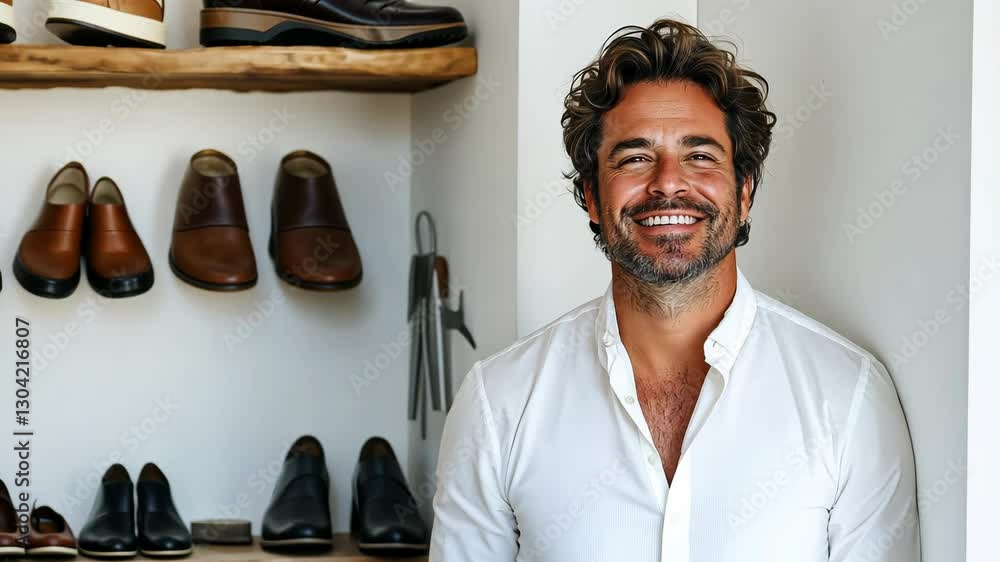 Poster man is smiling and posing in front of a shoe rack