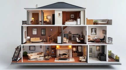 A cross-sectional view of a dollhouse-style house, showing interior rooms and furniture layouts, offering a unique perspective of home design and structure