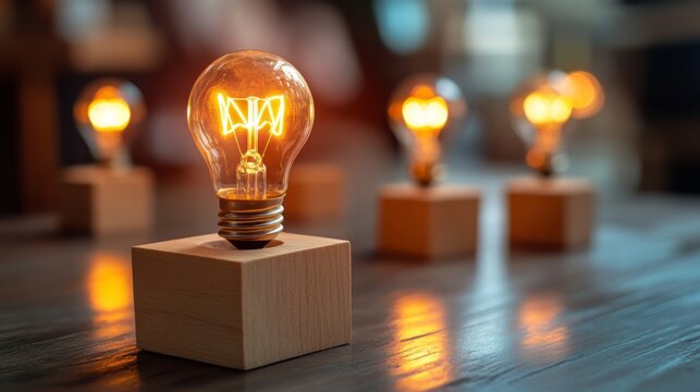 Four glowing light bulbs on wooden bases in warm ambiance - Powered by Adobe
