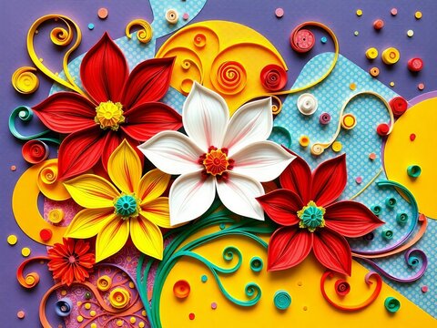 Generative A.I. crafts a vibrant floral masterpiece with intricate paper-like textures, bold colors, and swirling patterns, creating a mesmerizing fusion of art, nature, and creativity