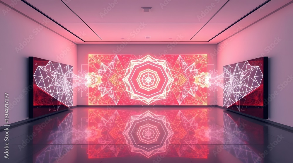 Poster vibrant and immersive art installation featuring colorful digital patterns and reflections in a mode