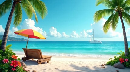 Obraz premium Tranquil Beach Scene Wooden Lounger Under a Colorful Parasol, Serene Ocean with a Sailboat in the Distance, Lush Tropical Foliage
