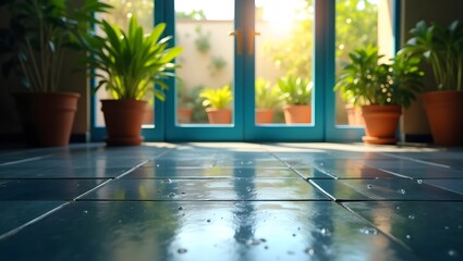 Sunlit Serenity: Wet Patio Reflecting Light Through French Doors with a Garden View