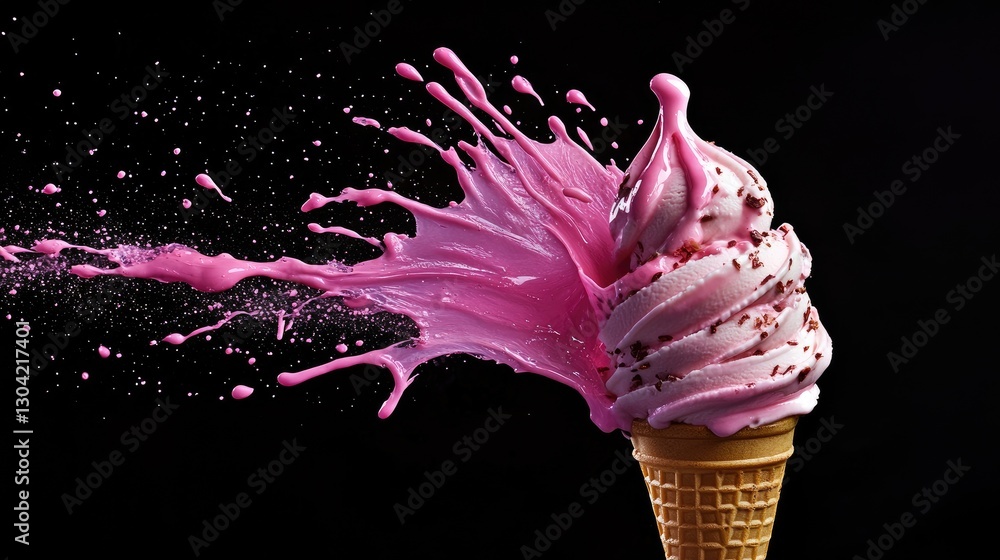 Poster a delicious ice cream cone with a vibrant splash of pink liquid, capturing motion and creativity, su