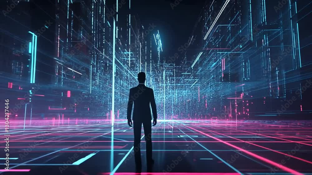 Poster abstract man walking in cyberspace, digital city with glowing lines and perspective view
