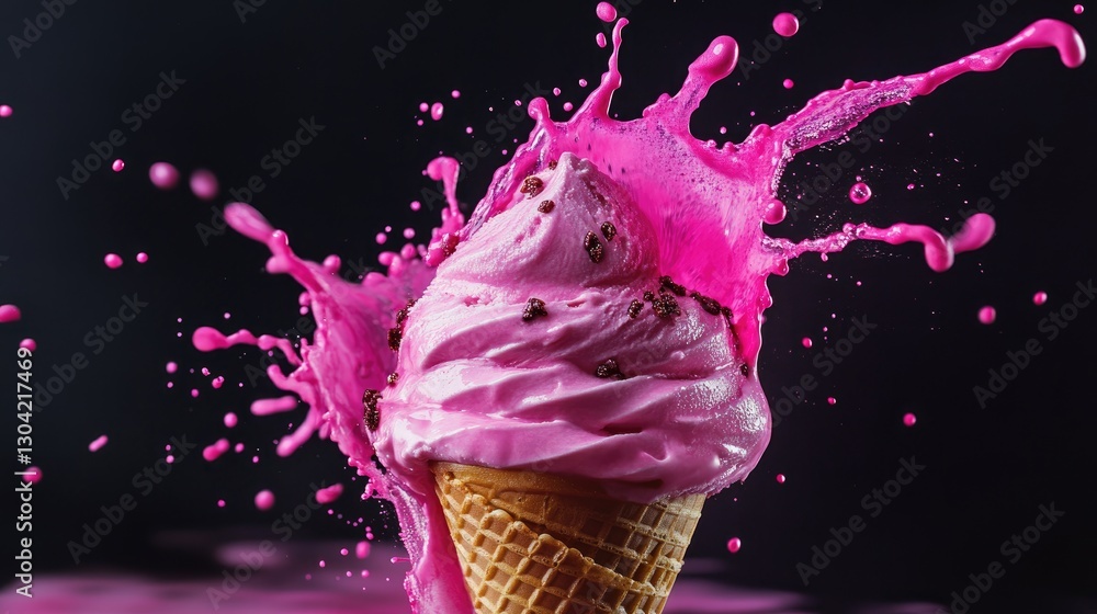 Poster a delicious ice cream cone with a vibrant splash of pink liquid, capturing motion and creativity, su