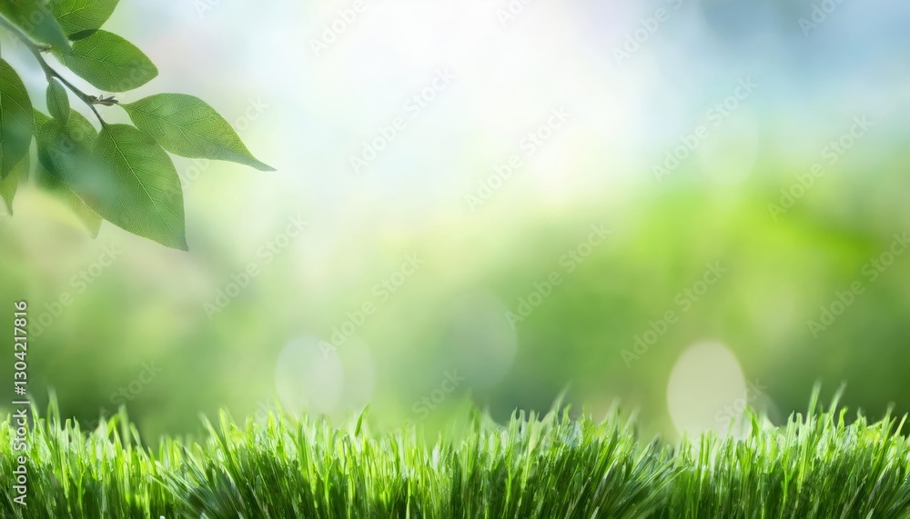 Poster fresh green grass with dew drops in sunlight, blurred natural background with bokeh, vibrant spring 