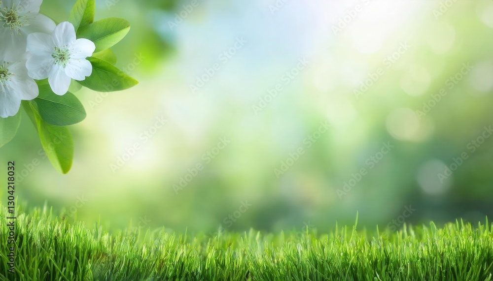 Poster fresh green grass with dew drops in sunlight, blurred natural background with bokeh, vibrant spring 