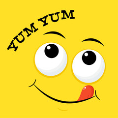 Yummy emoji. Smiling yummy emoticon on yellow background. Inscription Yum yum. Tasty food, gourmet enjoying taste, cook icon. Can be used with t-shirt, stickers, card design. Vector illustration EPS8