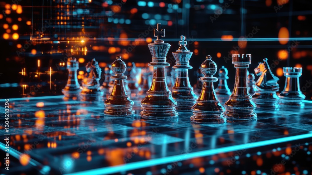 Poster a digital chessboard with high-tech, glowing chess pieces in a futuristic setting, evoking a sense o