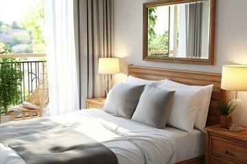 Modern Bedroom Interior with Balcony View Illustration