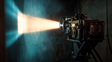 Fototapeta premium A dimly lit room with a vintage film projector projecting an old movie, casting shadows and flickering light across the blank wall