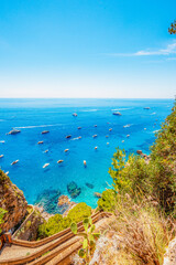 Via Krupp on Capri island in Italy. Faraglioni Rocks, Marina Piccola and Monte Solaro on Capri...