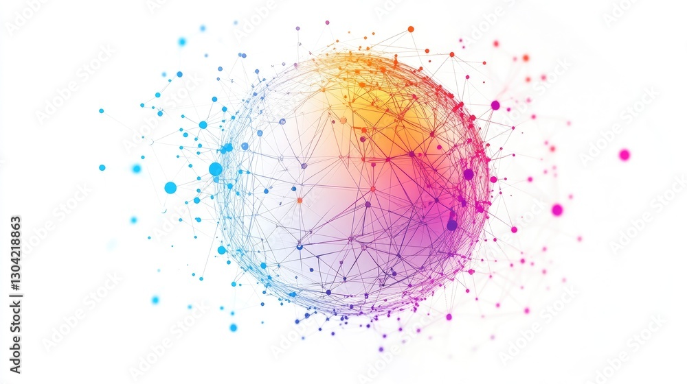 Poster A dynamic abstract network sphere, with colorful connections and nodes on a clean white background, evoking concepts of communication and connectivity