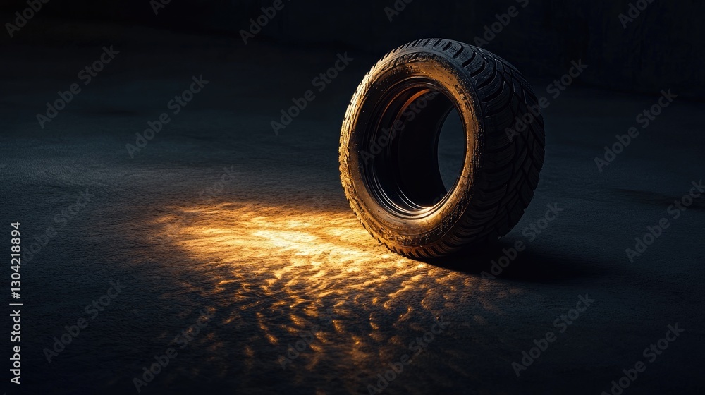 Poster a dramatic shot of an illuminated tire casting soft shadows on a dark surface, with striking contras