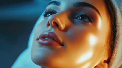 Close-up of a woman with glowing skin and a towel on her head, relaxing in a serene spa environment