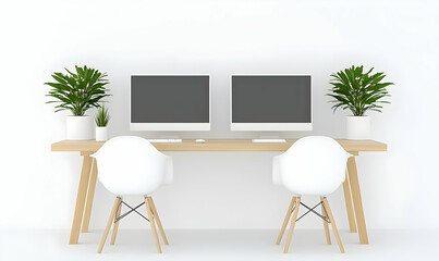 Modern Workspace with Dual Monitors and Indoor Plants