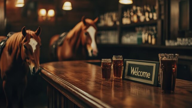 Welcome sign at a rustic bar with two horses and drinks on the counter during a cozy evening setting. National Ride Your Horse to a Bar Day