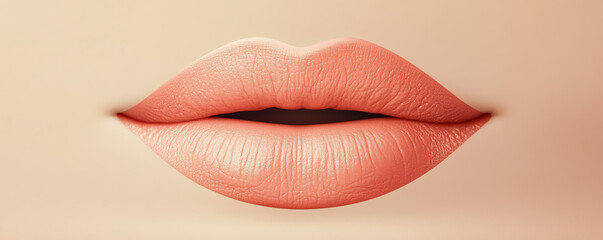 Obraz premium Close up of soft, plump lips in natural peach tone, showcasing smooth texture and subtle shine, perfect for beauty and cosmetic themes