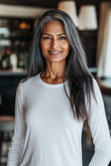 
Vertical portrait of a smiling mature woman dressed in a white tight fitting long sleeved shirt. She is standing in a stylish, softly lit contemporary room. The background is blurred