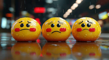 Sad Emoticon Faces in the Rain on Wet Urban Street