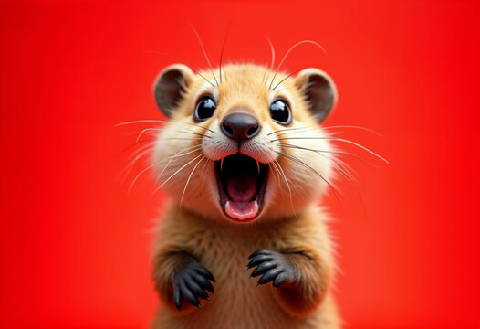 Cute baby beaver with a funny shocked face, wide eyes and open mouth, against a red background, lively and fun
