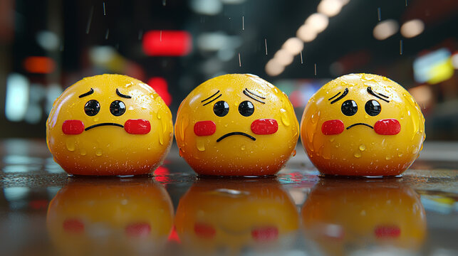 Sad Emoticon Faces in the Rain on Wet Urban Street