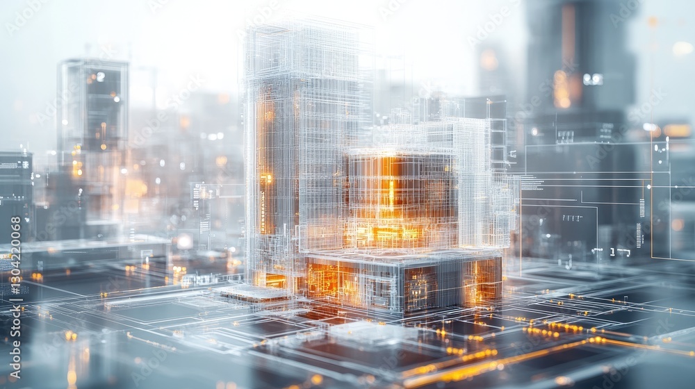 Aufkleber A futuristic representation of architecture using 3D models and blueprints, visualized through generative AI, showcasing advanced design concepts for modern buildings