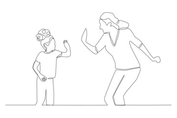 Continuous one single line drawing of young mother giving high five to her son for a success achievement, parenting vector illustration. Happy family playing together concept.