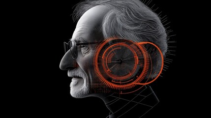 Profile of an elderly man with futuristic technology and digital elements